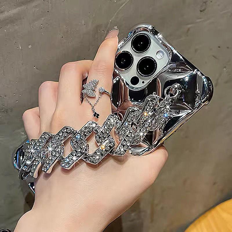 Luxury Shiny Diamond Electroplating Phone Case for iPhone 16 Pro Wristband Strap Mobile Phone Cases
