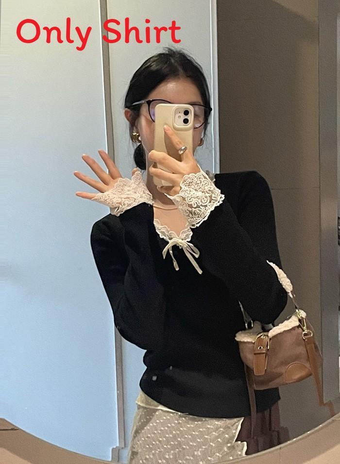 Pink Vneck Lace Patch Wool Knit Sweater For Women Fall Winter Casual Comfort