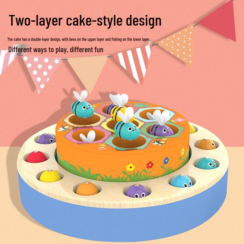 

Wooden Kids Double-Layer Cake Fishing & Bee Catching Toy for Hand-Eye Coordination