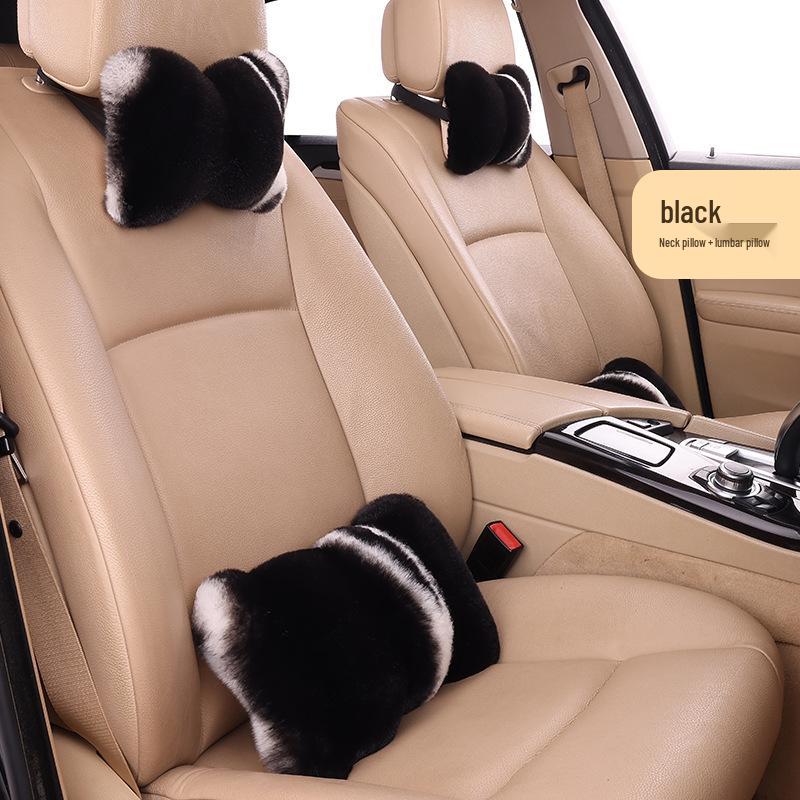 Almofada de Encosto de Cabeça de Carro Nova de Pele de Coelho - Fashionável, Aconchegante, Suporte de Pescoço e Costas para Inverno para Mulheres (Par)