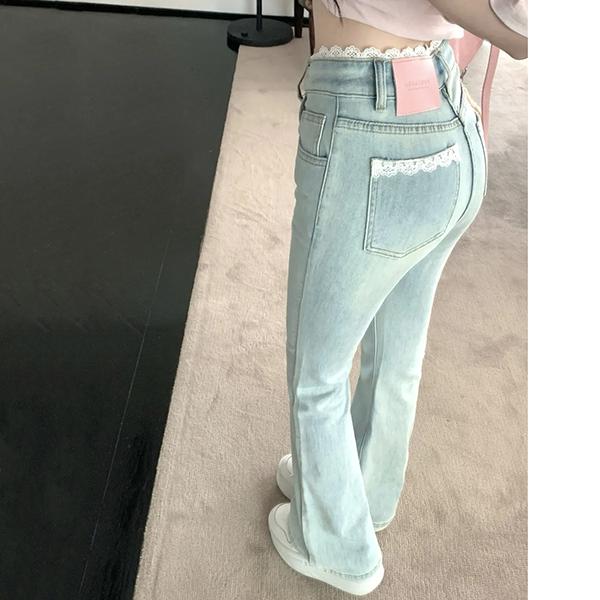 

WTEMPO Большие размеры кружевные лоскутные джинсовые расклешенные брюки женские осенне-зимние узкие повседневные эластичные джинсы с высокой талией XL синий