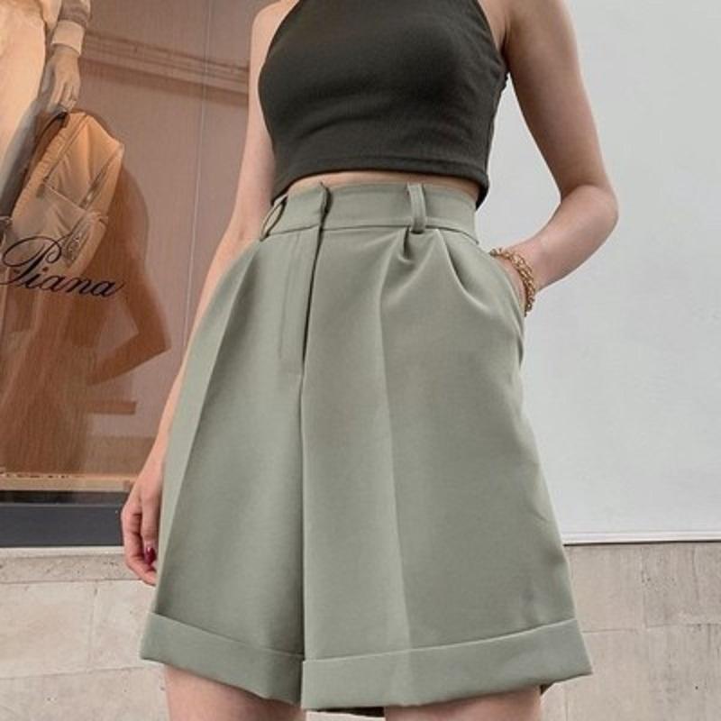 FGHJ Summer Fashion Cool Women Suit Shorts Straight Leg Mid Waist With Zipper Button Pockets Office Ladies Clothes Casual Loose Short Pants