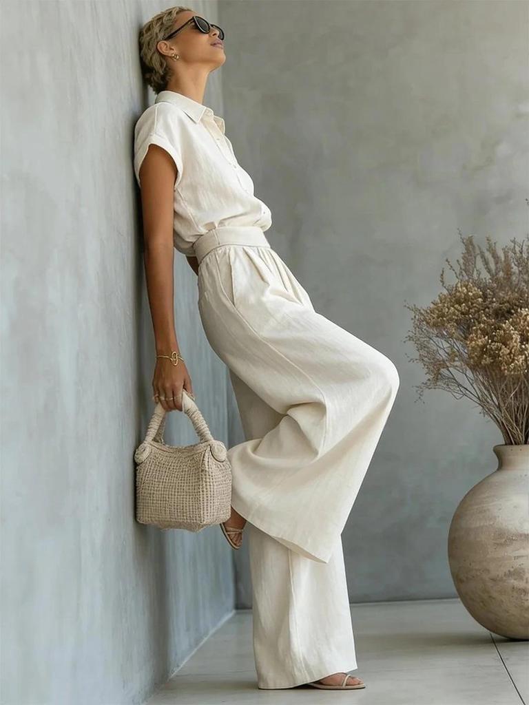 2026 Spring/Summer Casual Solid Color Shirt and Wide-Leg Pants Two-Piece Set