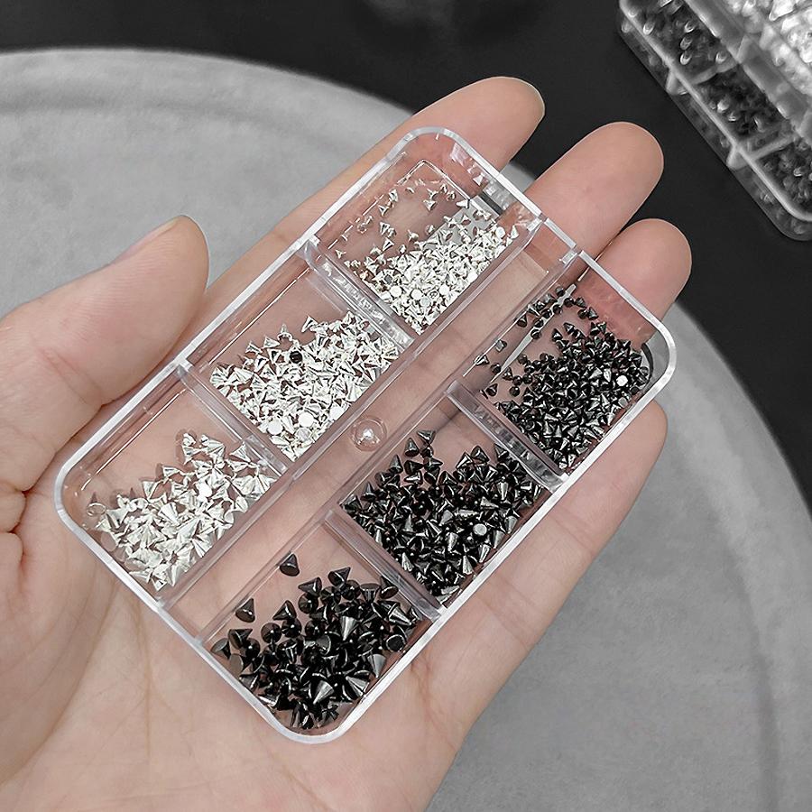 3D Punk Silvery Black Pyramid Stud Nail Jewelry Set, Metal Cone Spikes Beads Rivets, Halloween Gothic Nail Decorations