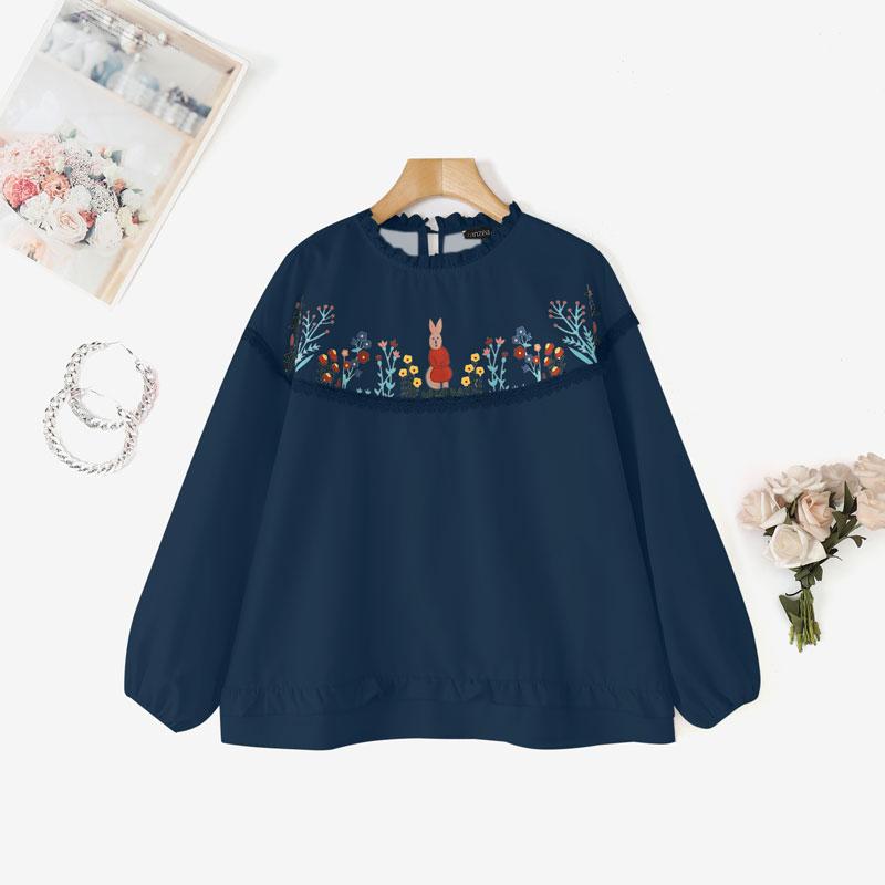 

ZANZEA Женская повседневная блузка с кружевной вставкой, круглым вырезом, длинным рукавом, свободного кроя, с принтом 2XL темно-синий