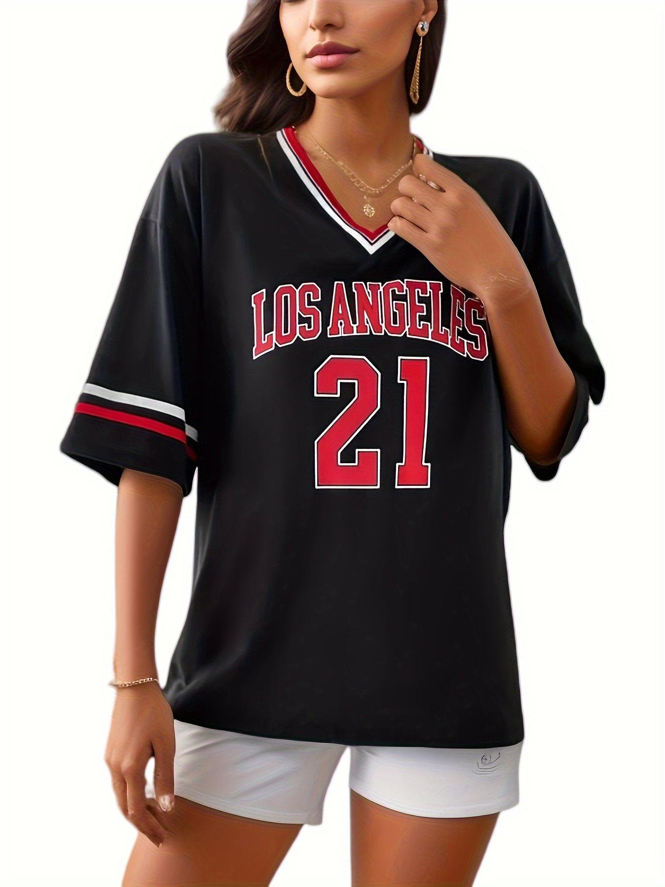 

Женская спортивная футболка с V-образным вырезом, коротким рукавом, свободного кроя, с принтом Лос-Анджелеса и полосатой отделкой XL