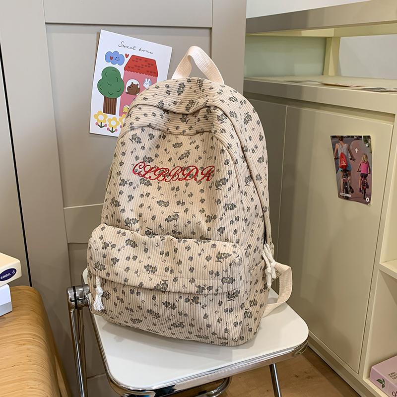 Women's Floral Print Backpack Corduroy Student School Bag Campus Large Capacity Backpack