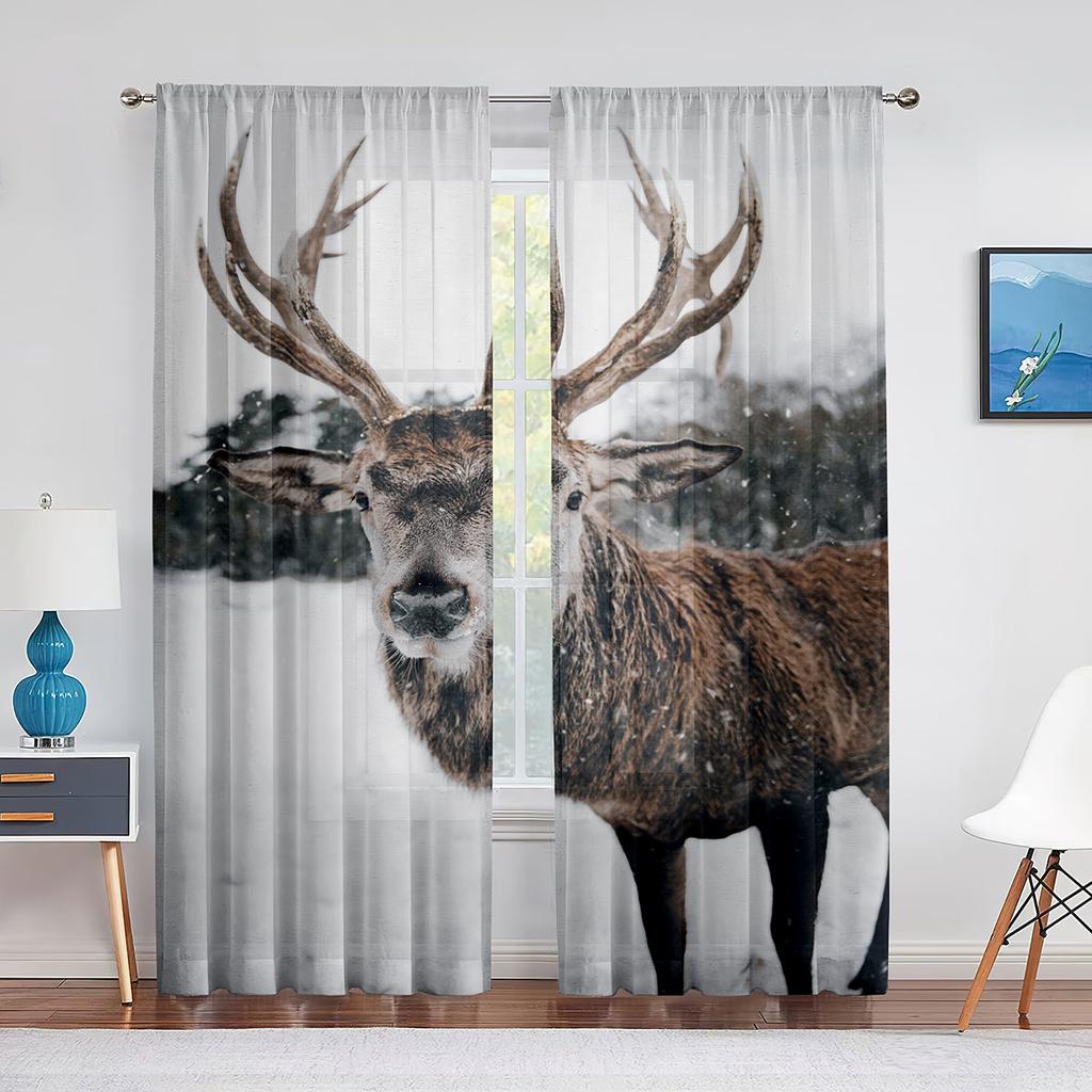 Winter Reindeer Elk Wildlife Animals White Snowy Forest Sheer Curtains for Living Room Bedroom Window Voile Tulle Curtain Drapes