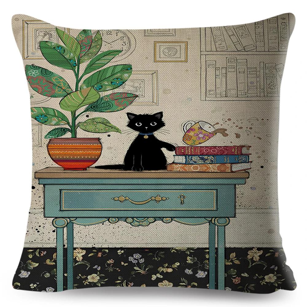 Cute Elegant Black Cat Cushion Cover Double Print Decor Cartoon Animal Pillow Case for Sofa Home Car Linen Throw Pillowcase
