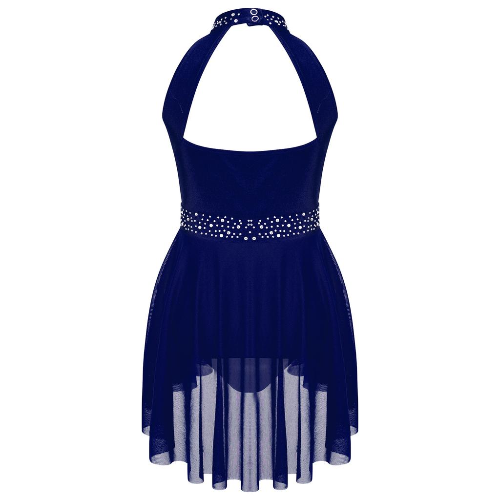 Girls Sleeveless Mock Neck Leotard Dress Shiny Rhinestones Decorated Cutout Back Dance Competition Outfit