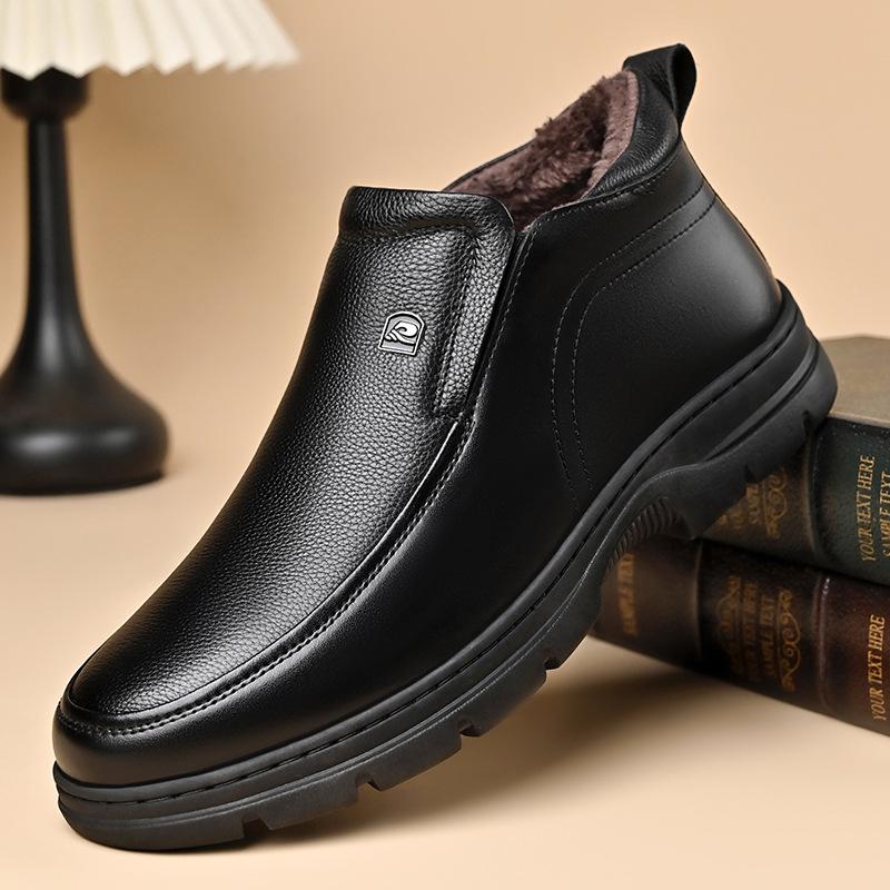 Men's 2025 Winter Genuine Leather Fleece-Lined High-Top Snow Boots with Thick Soles for Middle-Aged and Elderly