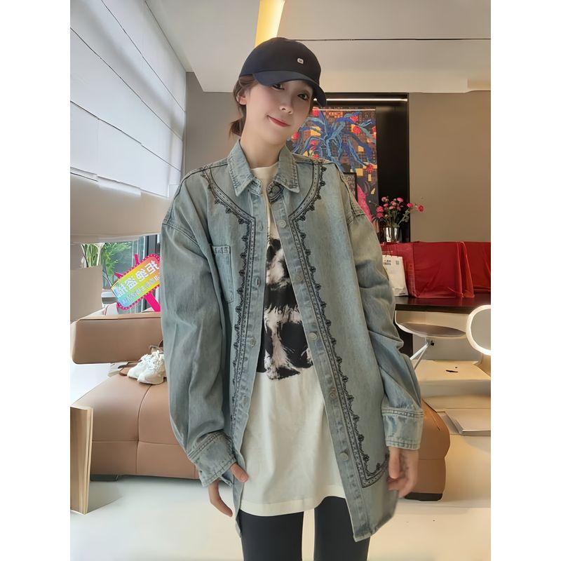 

European Goods Fashion Retro Classic Embroidery Denim coat Women Spring Loose Western Style Design Slimming Long sleeve Top Denim Outwear S([40.00 kg-50.00 kg]])