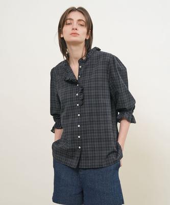 GENERALIDEA Check Frill Blouse [Dark Navy] / Gf2Lbl517