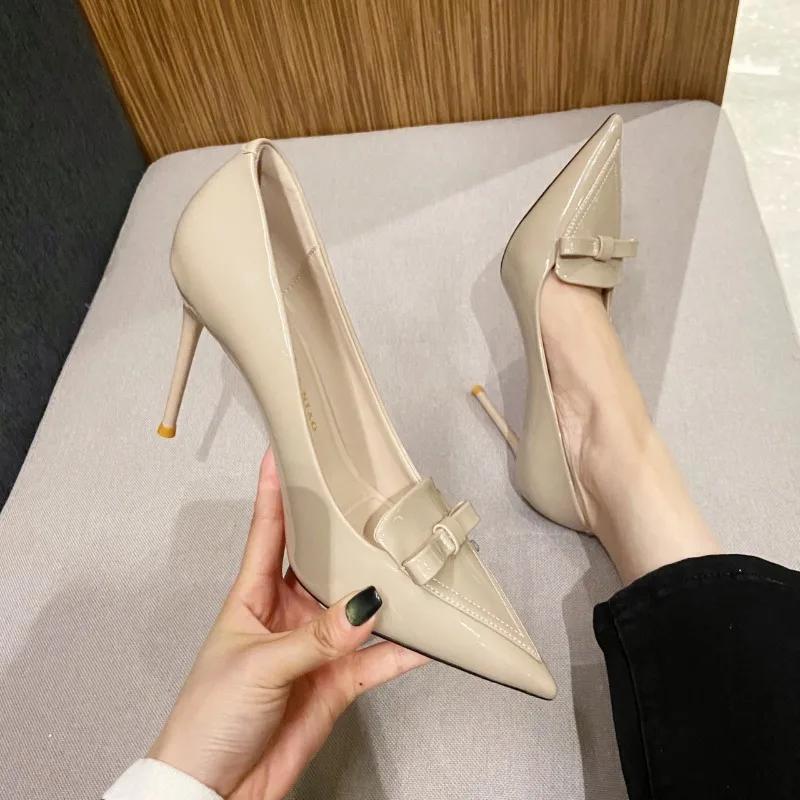 2024 Fashion Delicate Sweet Bowknot High Heel Shoes Side Hollow Pointed Women Pumps Pointed Toe 10.5CM thin Dress Shoes