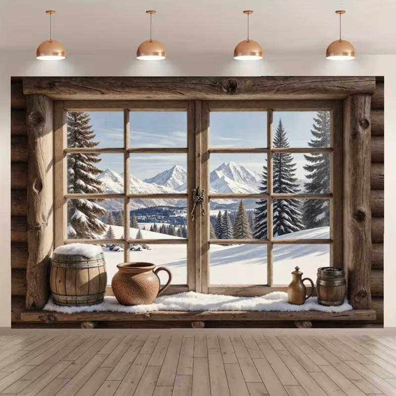 

2D Alpine Cabin Backdrop, Cozy Window with Snowy Landscape Photography Background for All Occasions 47.2x31.5inch/120*80cm