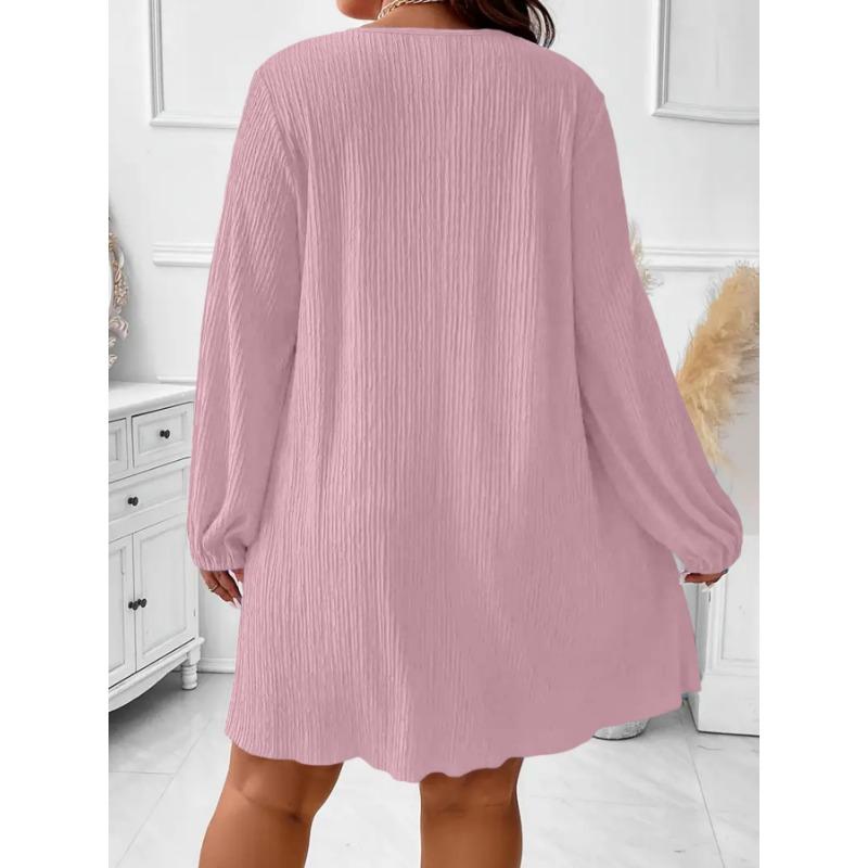 Women Fashion V Neck Long Sleeve Loose Plus Size Midi Dress
