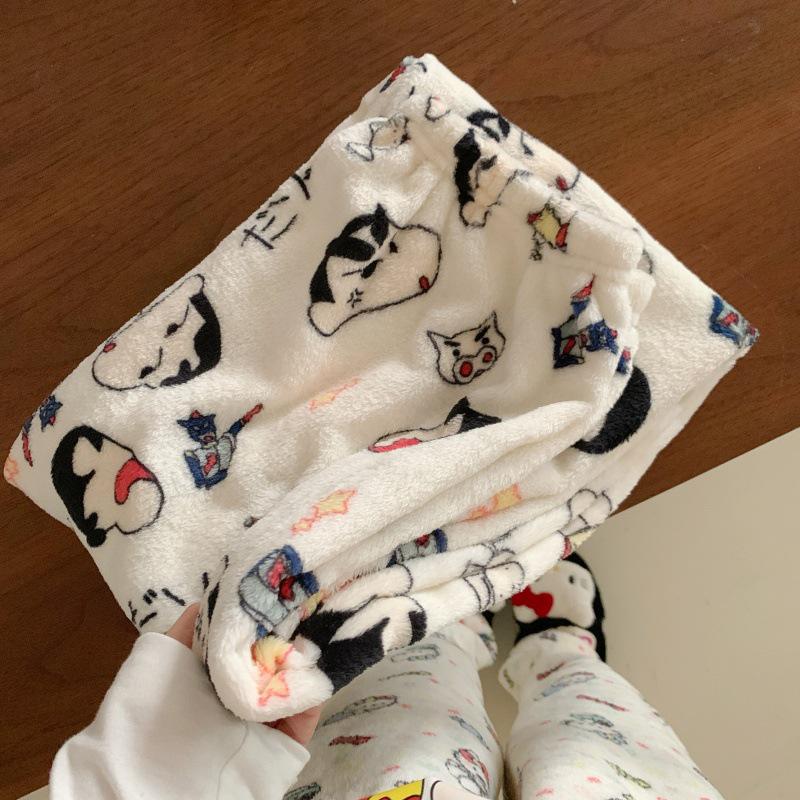 Women's Flannel Plaid Sleep Pants - Autumn/Winter Velvet Warm Coral Fleece Pajama Bottoms