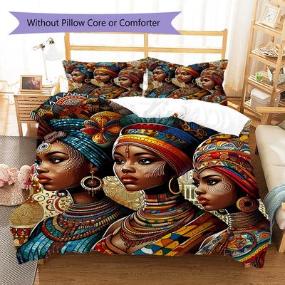 African Women Pattern Bedding Quilt Set Quilt Cover Pillowcase Home Decoration Birthday Gift (1 * Duvet Cover + 2 * Pillowcase, Without Core)