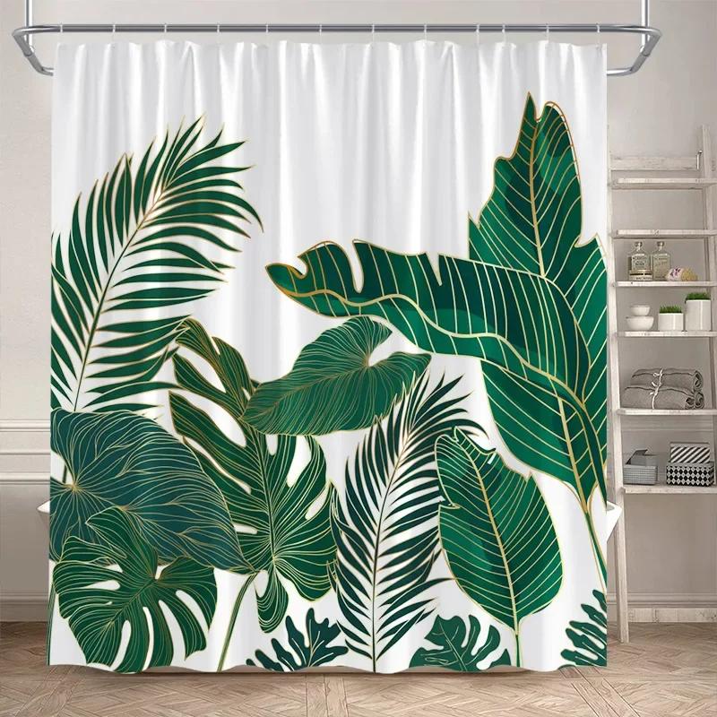 Leaves Shower Curtain Green PTropical alm Leaf Monstera Plant Bath Curtains Set Polyester Fabric Home Bathroom Decor with Hooks