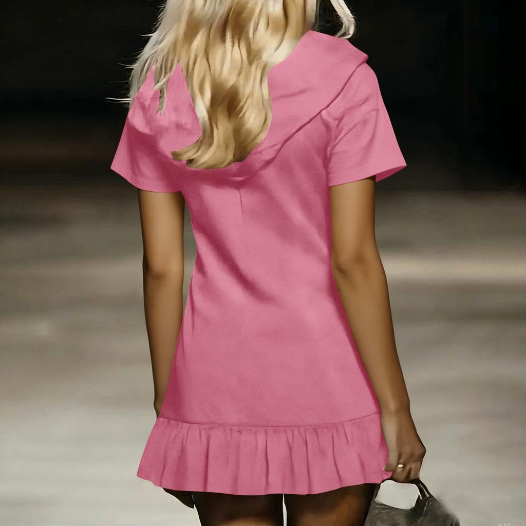 Women's Short-sleeved Casual Dress With Fashionable Hood And Sexy Short Skirt
