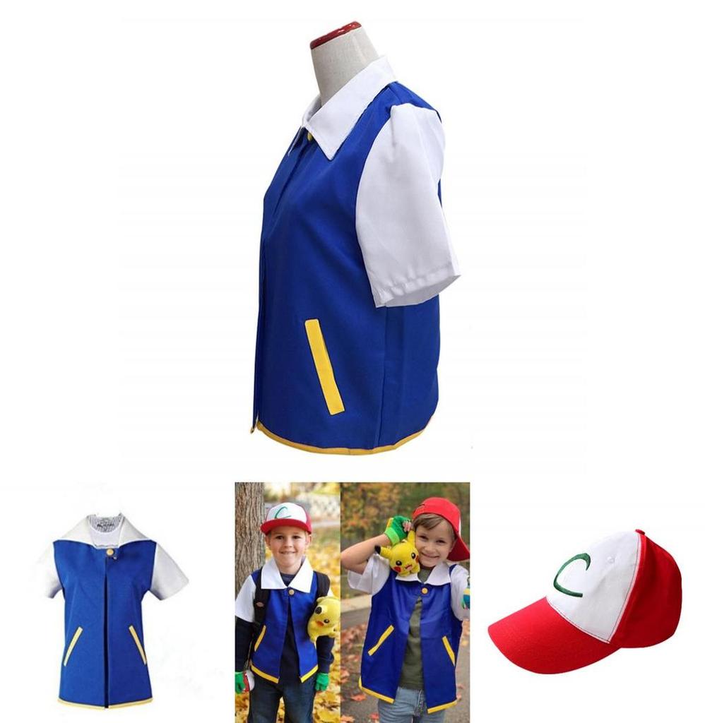 Pokemon Ash Ketchum Cosplay Costume Full Set Adults Jacket Gloves Hat Halloween High Quality Elastic Soft Polyester Material