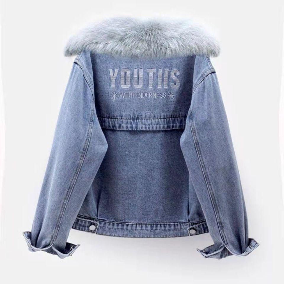 Women's Fleece Denim Jacket Autumn Winter Fur Collar Hooded Denim Jacket Female Loose Warm Short Jacket Coat