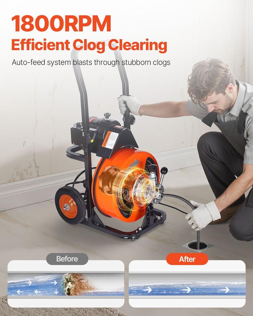 Drain Cleaner Machine 30m x 9.5mm, Auto Feed Sewer Snake Auger on Wheels, Portable Drain Cleaning Machine with 4 Cutters & Air-activated Foot Switch