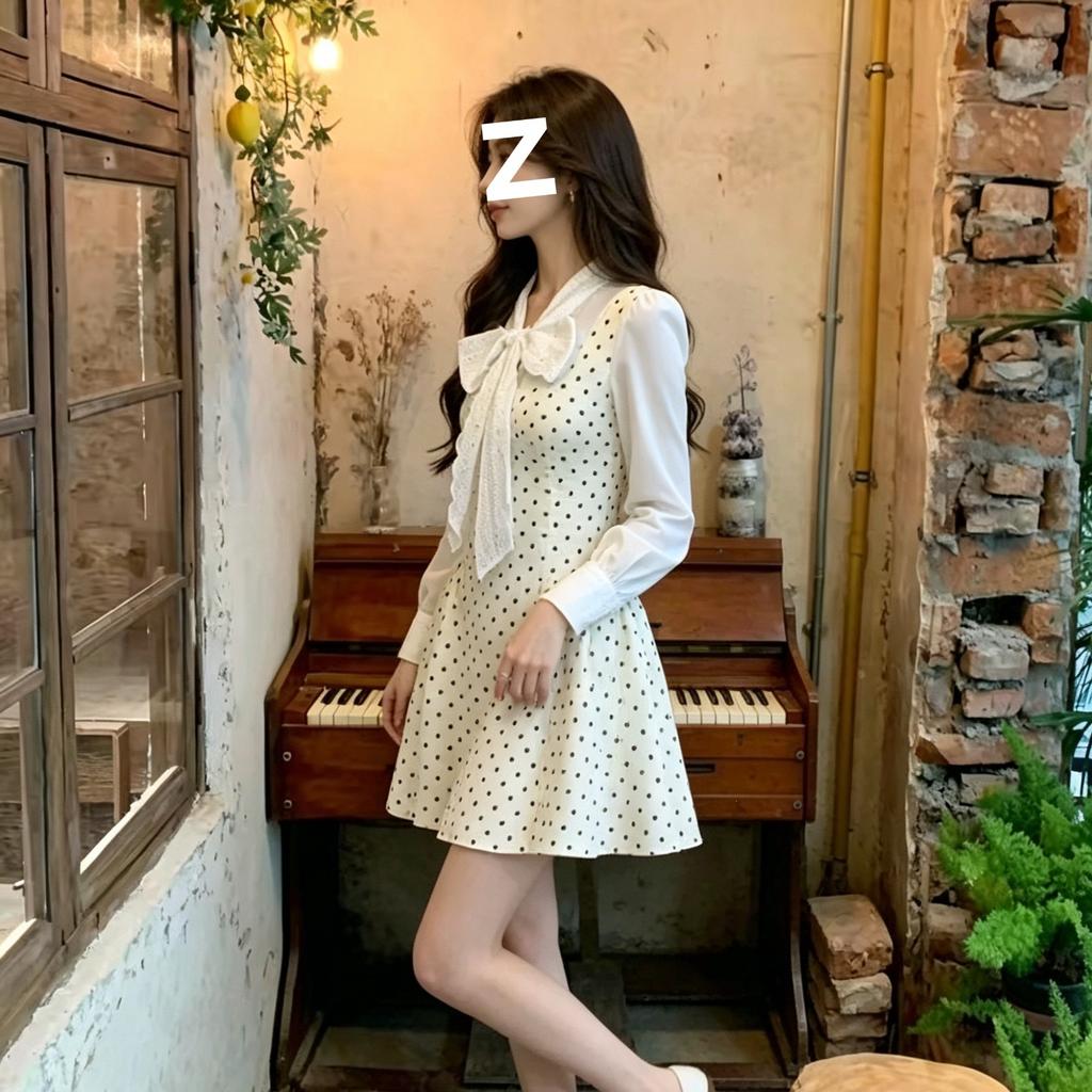 Dress Women's Long-sleeved Bow Collar Lace Lace Waist Pleated Short Skirt Sweet Gentle Wind Small A-shaped Umbrella Skirt