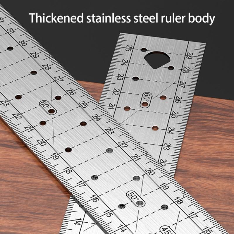 Multifunctional Steel Right Angles Hole Marking Ruler with Bubble Levels T Square Ruler For Woodworking Precise Measuring