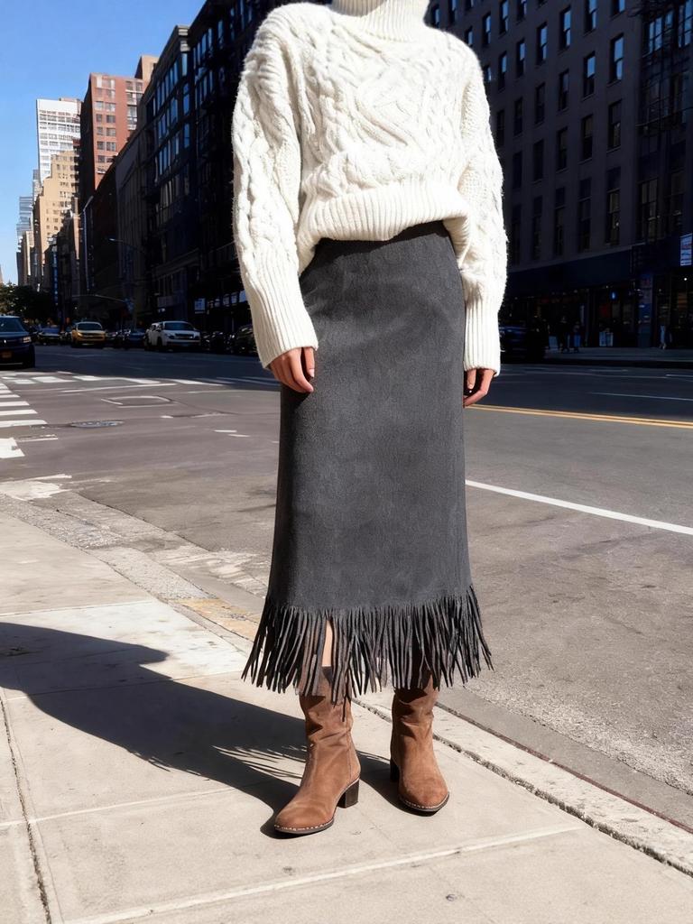 Damska Czarna Spódnica Midi o Fasonie A z Frędzlami – Odchudzający Styl Jesień/Zima