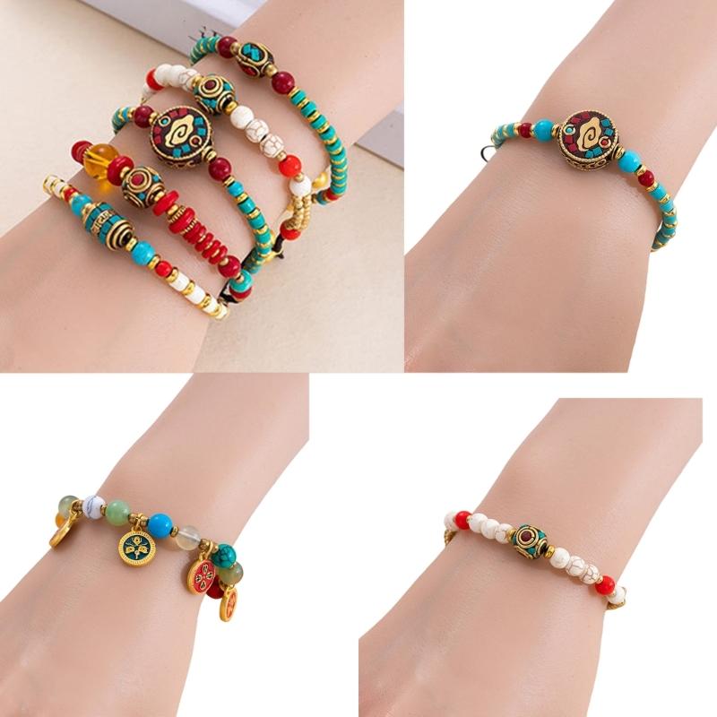Nepalese Handwoven Tibetan Style Adjustable Bracelet Featuring Alloy Beads And Natural Turquoise Stone For Cultural Fashion Accessories