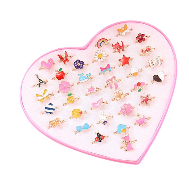 12/36PCS/set Adjustable Kids Rings Jewelry Cartoon Crystal Animal Alloy Open Finger Ring For Children Girls Birthday Party Gift