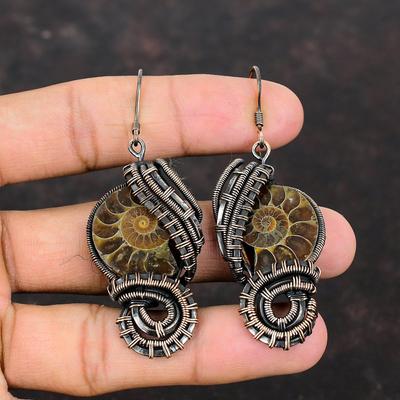 Ammonite Fossil Earring Copper Wire Wrapped Earring Handmade Jewelry Genuine Gemstone Earrings Latest Design Earring Copper Jewelry For Gift