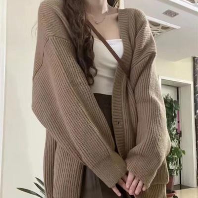 Spring and Autumn Retro Loose Solid Color Knitted Cardigan