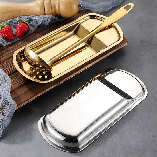 Metal Serving Spoon Rest Stainless Steel Buffet Tray, Holder with Food Tongs Cooking Accessory Rack, Plate for Bread Cake, Kitchen Counter Organizer