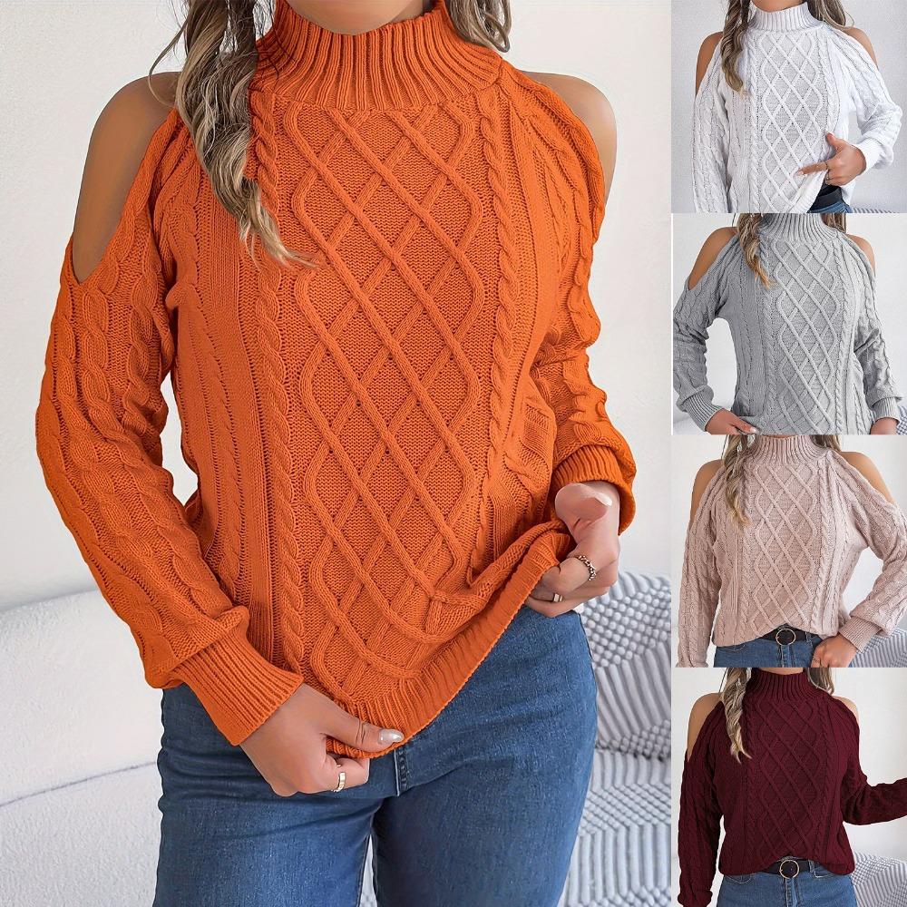 Women's Knitted Sweater Autumn/Winter Top Casual Cable-Knit Off-Shoulder Half-High Neck Long-Sleeved Pullover Women's Wear