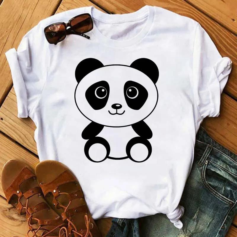 Cute Panda With Sunglasses Graphic Women T-Shirt Minimalist Black Line Animal Print Short Sleeve Casual Streetwear Tee