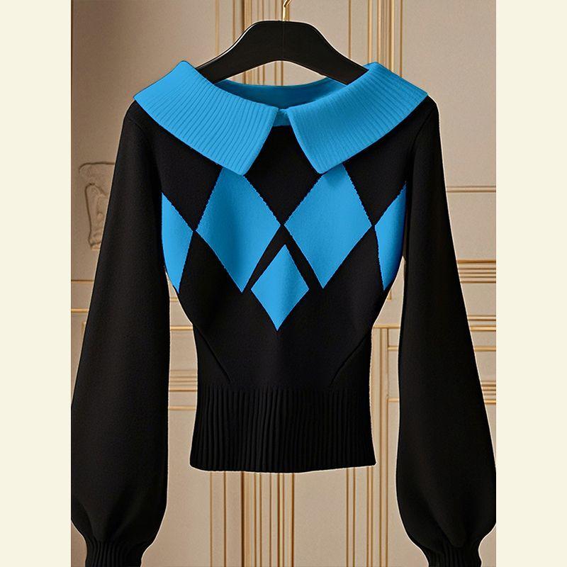 Autumn Korean Chic Tops Are Fashionable Unique Lazy Black Diamond Knitted Sweater