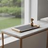 Leather Tray with Metal Frame Textured Rectangular Rails for Coffee Table, Vanity