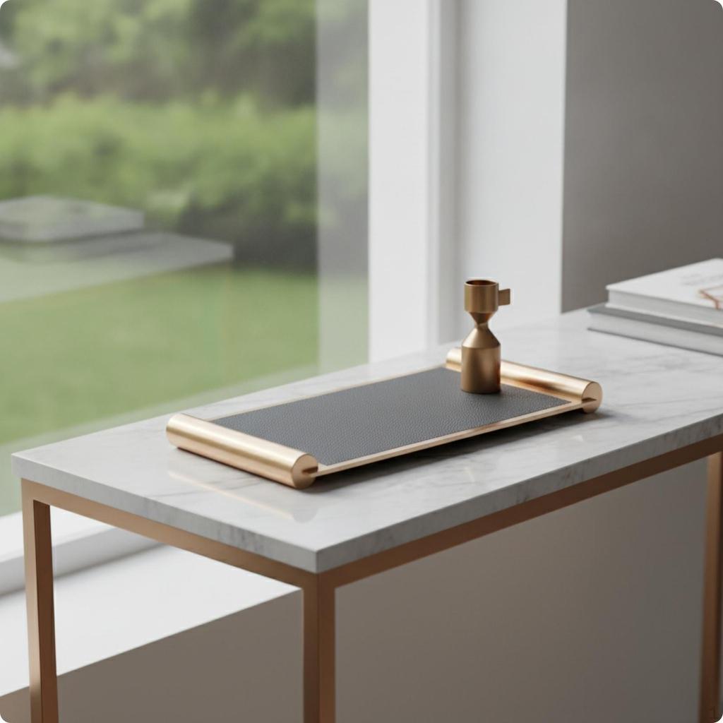 Leather Tray with Metal Frame Textured Rectangular Rails for Coffee Table, Vanity