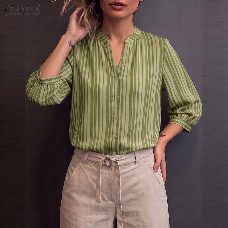 ZANZEA Women Commute Casual V-Neck Stripe Print Loose 3/4 Sleeve Blouse