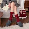 New Red Color Leg Warmers Thickened Bow Middle Tube Socks Harajuku Knitted Hosiery Autumn and Winter