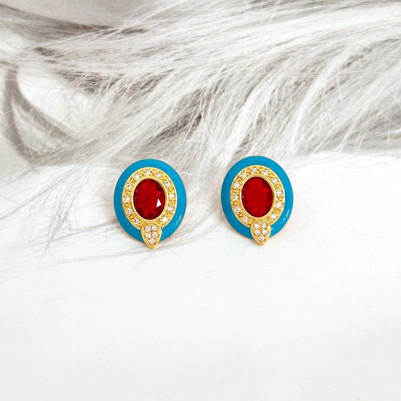 French Retro Court Style Geometric Oval Drop Glaze Stud Earrings Slightly Inlaid Zircon Earrings разноцветный