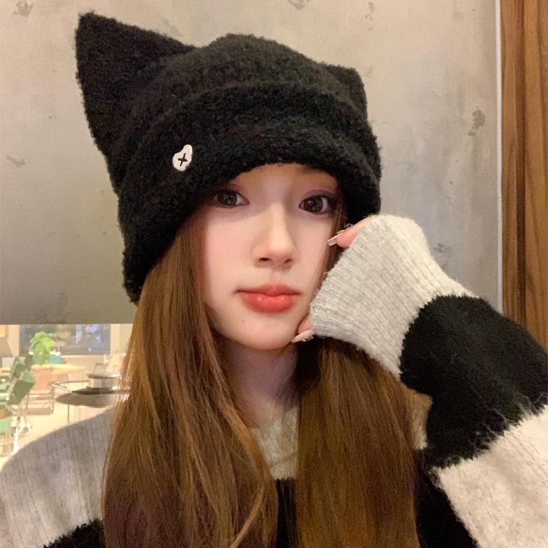 Cartoon sweet cute cat ears knitted hat women's autumn and winter warm ear protection love pullover hat