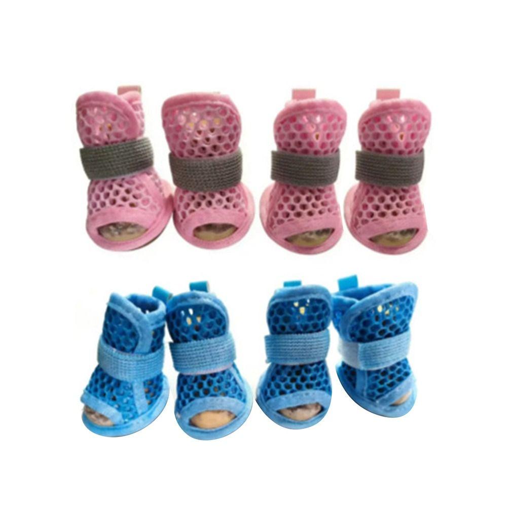 4Pcs Cute Mesh Dog Shoes Non-slip Soft-sole Cooling Dog Boots Breathable Elastic Strap Pet Sandals For Small Medium Pets