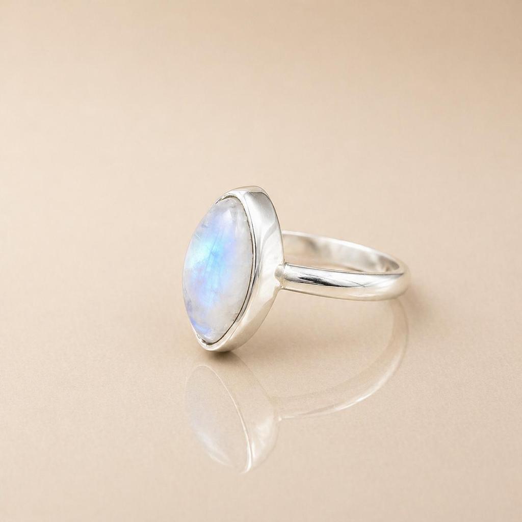 Moonstone Ring 925 Sterling Silver, Marquise Rainbow Moonstone Ring, Blue Flash Gemstone Jewelry, Handmade Minimalist Ring