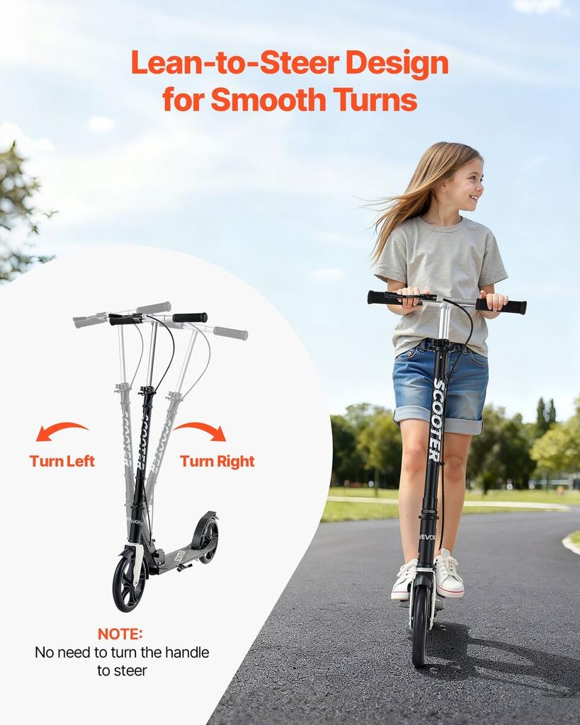 Kick Scooter for Kids Ages 8+, Teens & Adults, 2-Wheel Toddler Scooter with Adjustable Height Handlebar, Wide Anti-Slip Deck, Foldable Lightweight for