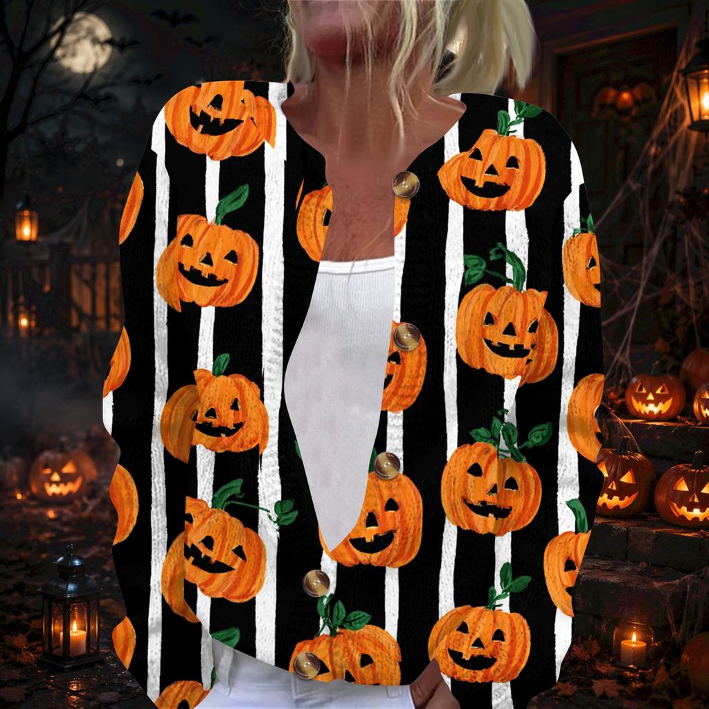 Dámský podzimní svetr s dlouhým rukávem, halloweenským potiskem a zapínáním na knoflíky pro sváteční nošení