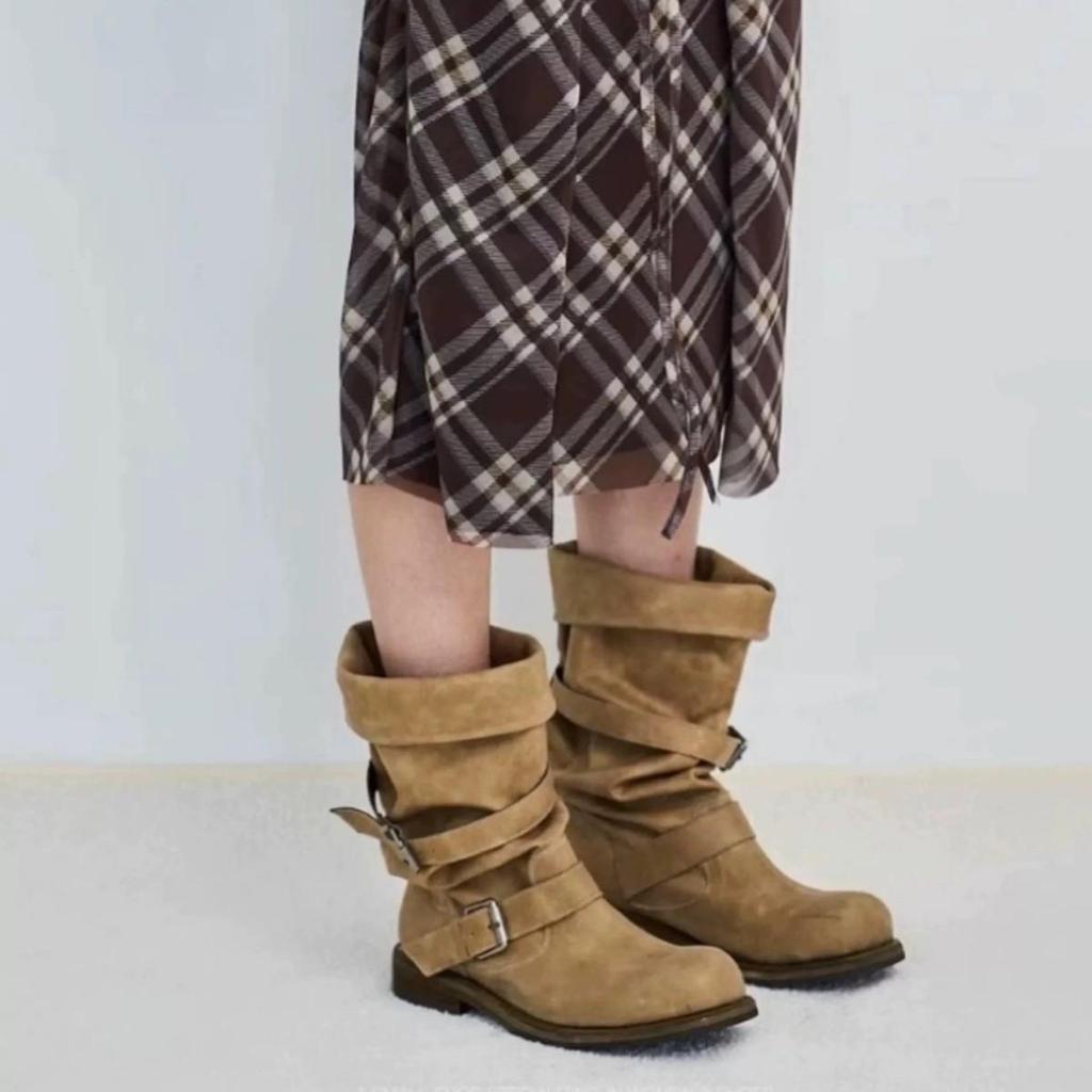 In Stock: Women's Two-Way Wear Heavy-Duty Distressed Knight Boots with Belt Buckle - Retro Style Outdoor Boots
