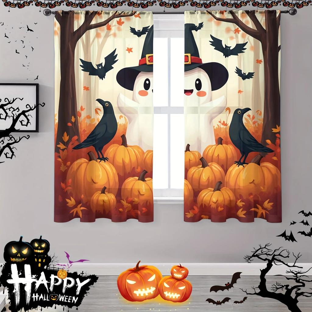 Set Of 2 Halloween Cartoon Ghost Pumpkin Print Curtains Pole Bag Home Decorations Room Made Polyester